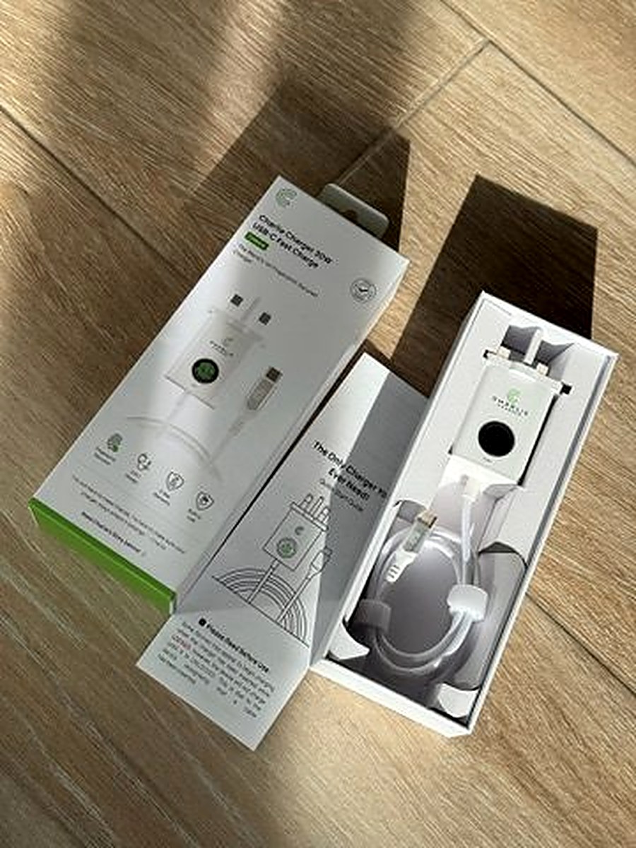 Charlie Charger unboxed — product and packaging contents displayed showing charger, cable, and quick start guide