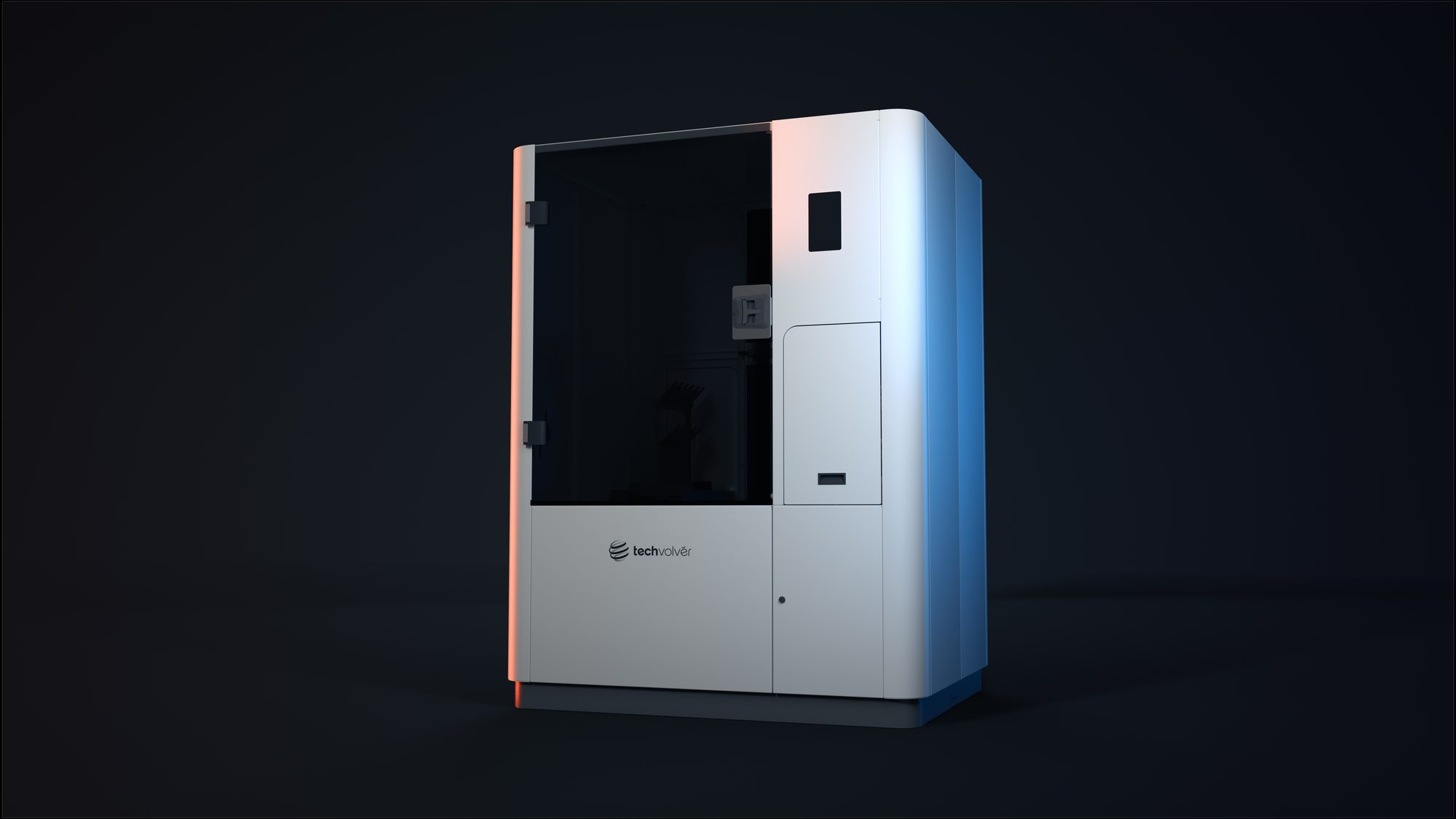 Calvolver automated pipette calibration cabinet — the complete system with glass door, touchscreen, and integrated robot arm